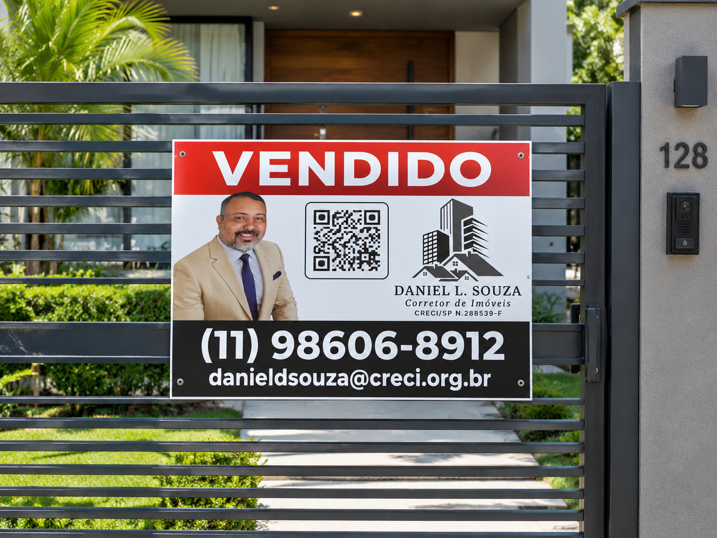 Placa rígida de sinalização imobiliária fixada em portão