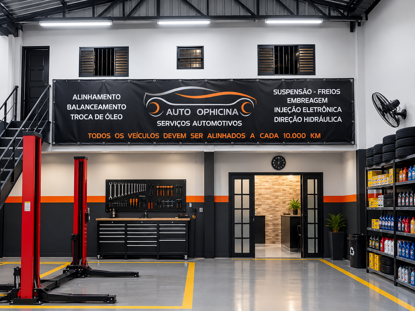 Lona impressa com ilhós fixada em parede de oficina automotiva