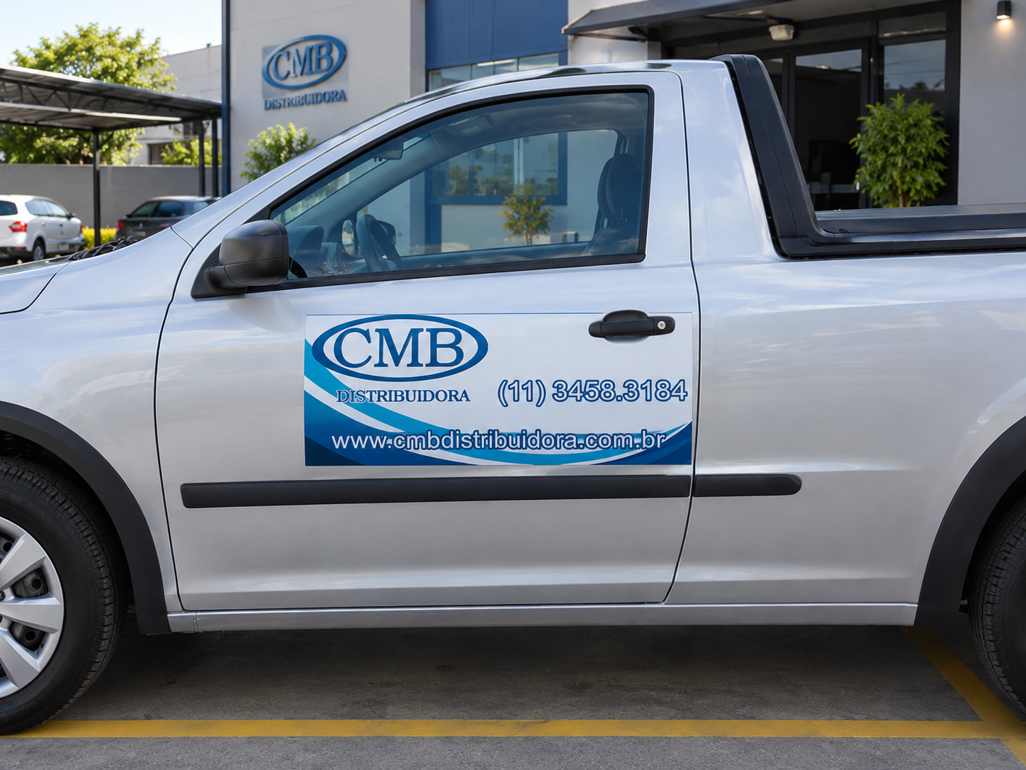 Placa magnética com identificação de empresa aplicada na lateral de um veículo