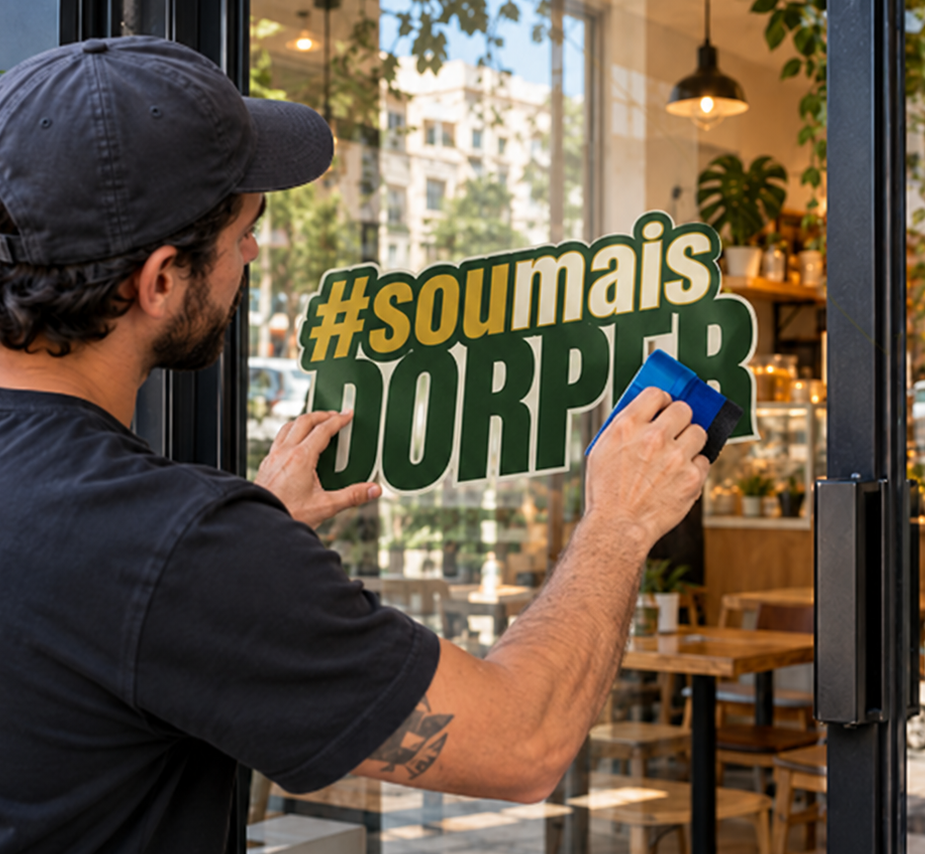 Imagem ilustrativa de adesivo personalizado aplicado em vidro de comércio, com a arte '#soumais DORPER' no vidro